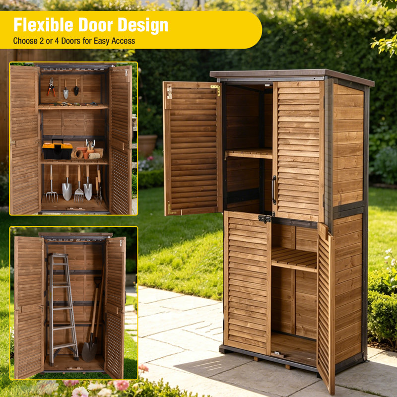 Outdoor Storage Cabinet Waterproof Metal Frame Wooden Storage Sheds Outdoor With Floor 4 Lockable Doors, 2 Adjustable Shelves, Garden Tool Shed For Patio Porch Backyard Lawn (brown/black)