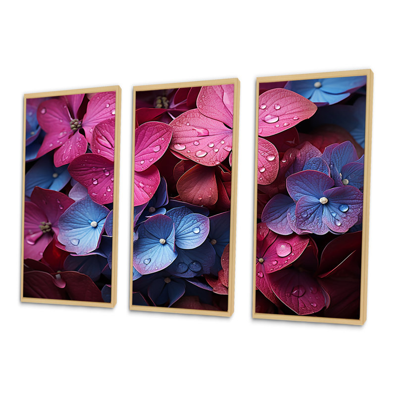 Neon Pink Hydrangea Harmony II - Hydrangea Wall Art Living Room Set, Natural Floater Framed, 32" H x 48" W x 1" D