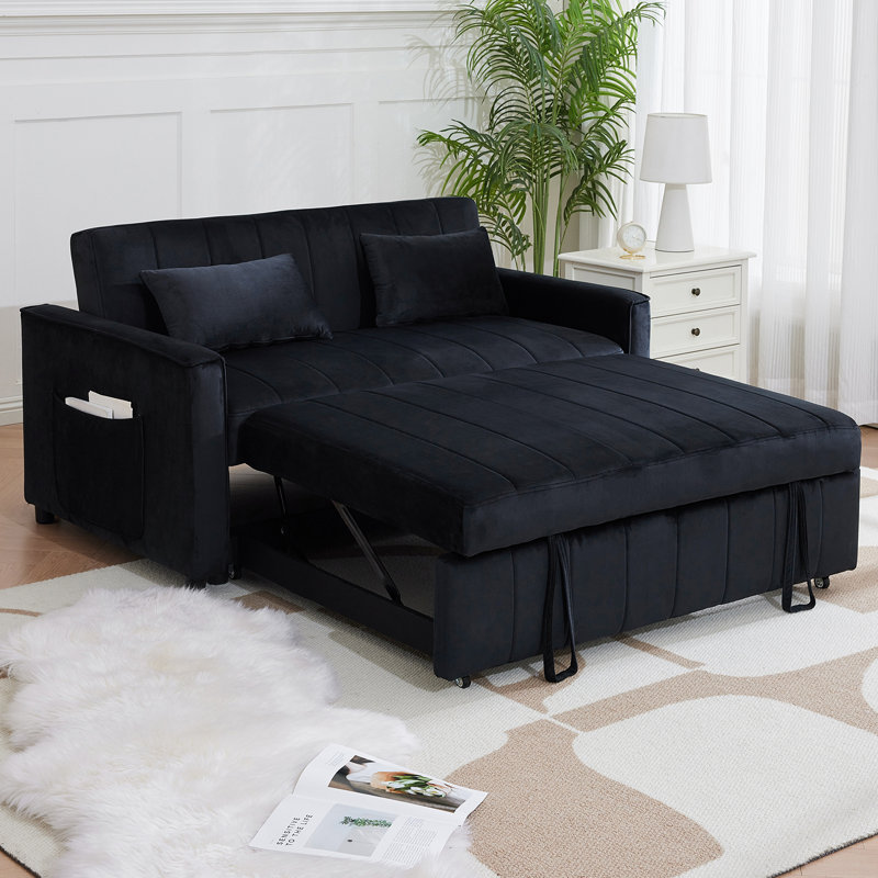 Radislava Convertible Sleeper Sofa Bed, 55.51" Modern 3-in-1 Futon Couch, Black Velvet