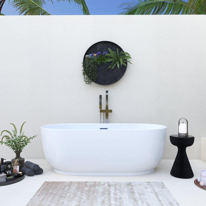 67" X 31.5" Freestanding Glossy White Acrylic Soaking Bathtub With Drain