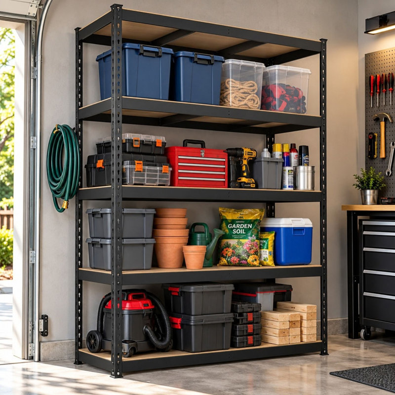 Étagère de rangement en acier thermolaqué noir mat à 5 niveaux avec tablettes HDF Ar Shelving, H 72 po x l 48 po x P 24 po
