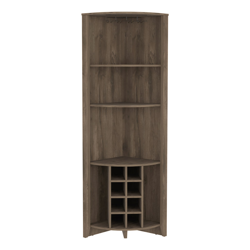 Essential Corner Bar Cabinet , Three Shelves, Eight Built-in Wine Rack, Two Side Shelves Dark Brown