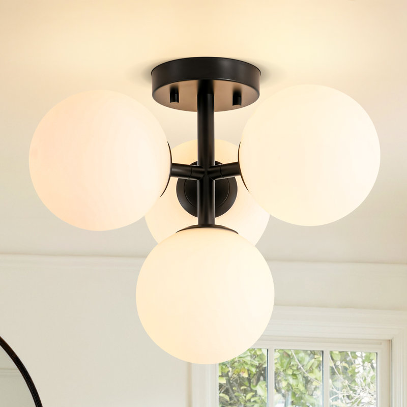 3-Light Modern Iron Glass Cover Globe Semi Flush Mount Lighting for Living Room/Bedroom, Matte Black