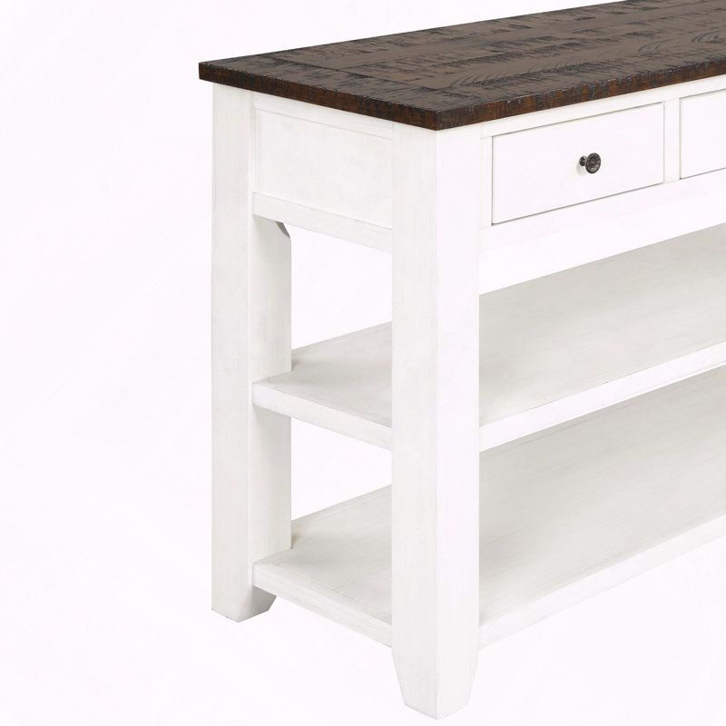 Console en bois de pin massif avec 3 tiroirs et 2 tablettes, Brun / blanc antique