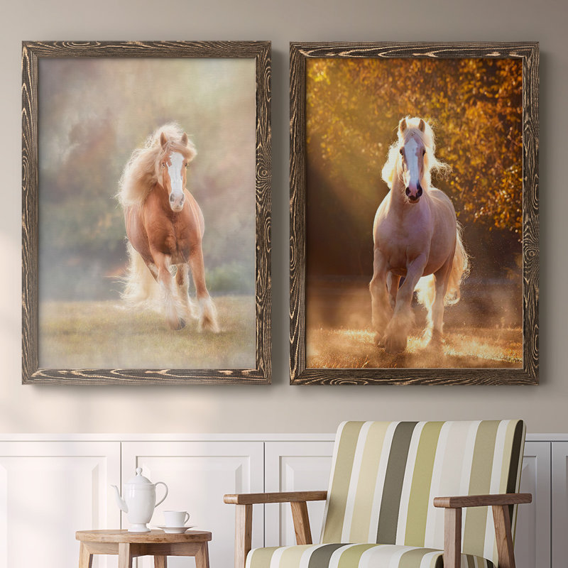 Toile encadrée Horse Motion VII-Premium - prête à être accrochée, H 27,5 po x l 75 po x P 1,5 po, Noyer