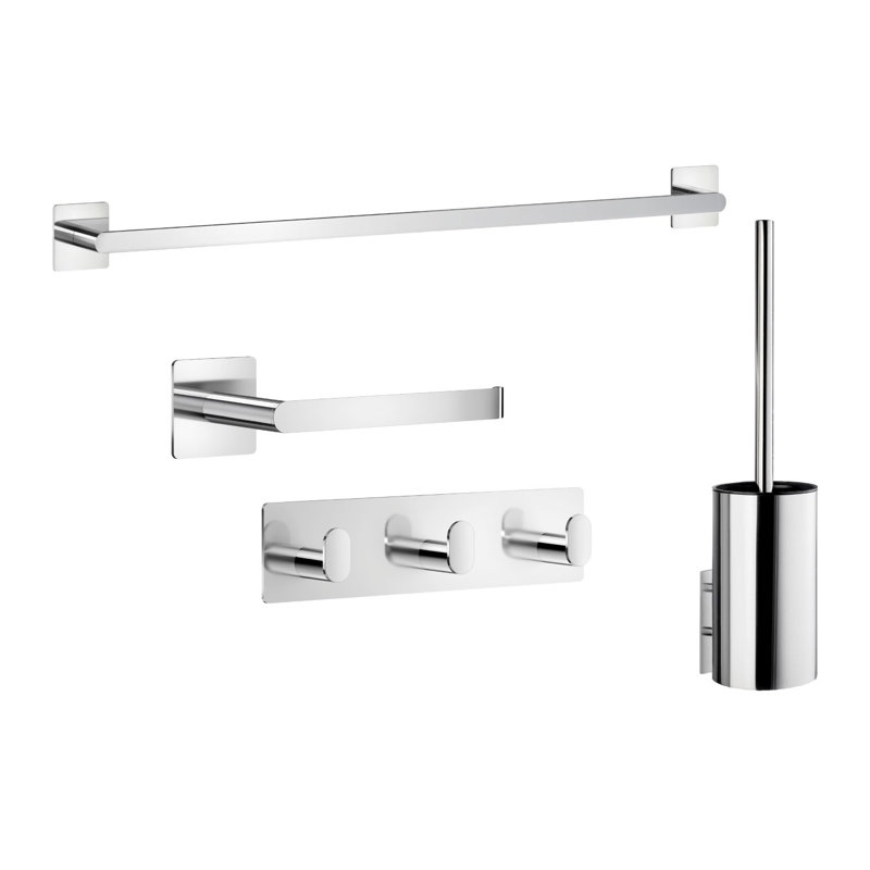 3M Self-Adhesive 4-Piece Bath Hardware Set With 24 In. Towel Bar, Toilet Paper Holder, Triple Hook & Toilet Brush. Peel N' Stick.