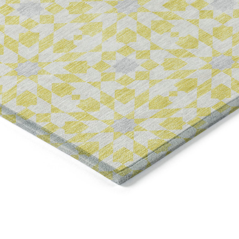 3' X 5' Yellow Ivory And Gray Floral Medallion Washable Indoor Outdoor Area Rug