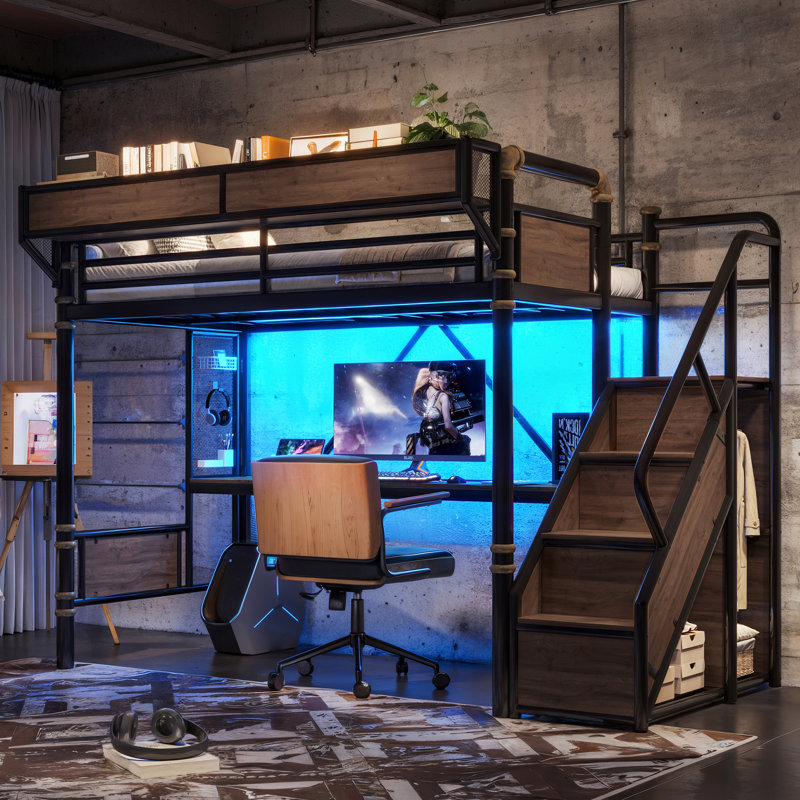 Lit mezzanine en métal avec bureau intégré ApexLoft, Très grand simple, Noir et noyer