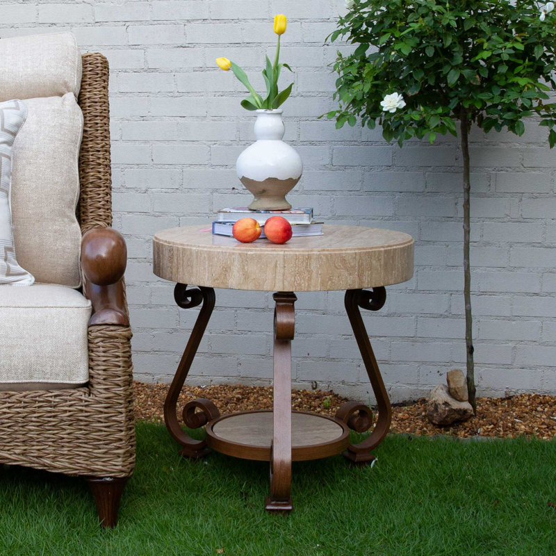 Adrian - Outdoor Side Table w/ Solid Travertine Top & Hand Painted Aluminum Base