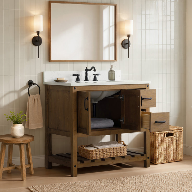 Meuble-lavabo simple 36 po Radstock, Blanc de Carrare, Naturel antique