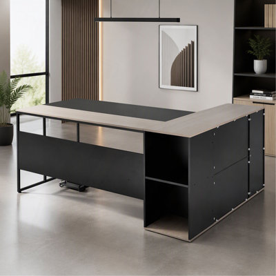 Bureau de direction en L, grande table de bureau moderne avec tiroirs et armoire de rangement, table de direction en bois robuste avec support pour unité centrale, capacité de charge de 350 lb, assemblage facile, pour une étude de travail