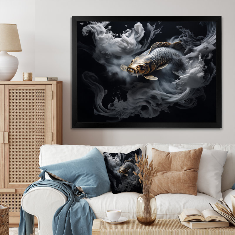 «Jamarques Gray Kois Fish Mystical Elegance», reproduction, H 12 po x l 20 po x P 1 po, Cadre simple noir
