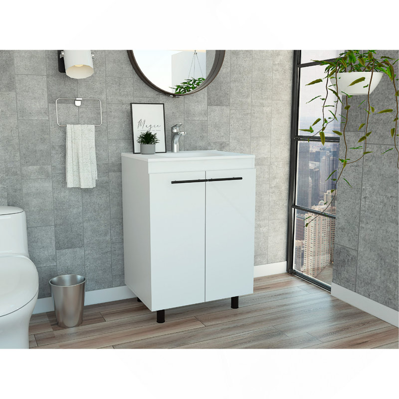 Meuble-lavabo 24 po, armoire de plancher, porte double, deux tablettes - blanc
