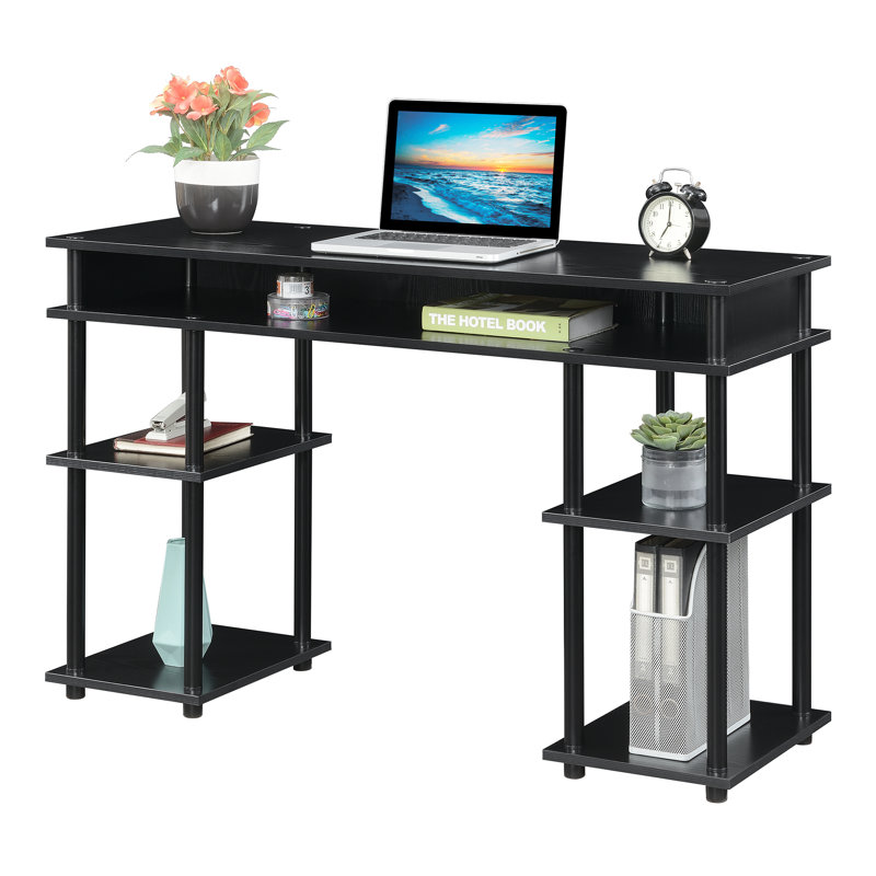 Edwin No Tools Writing Desk with Shelves, Black/Black Poles
