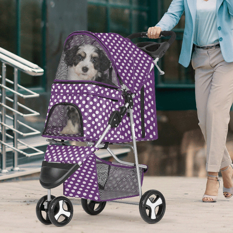 Purple Polka Dot Foldable Pet Stroller with Storage