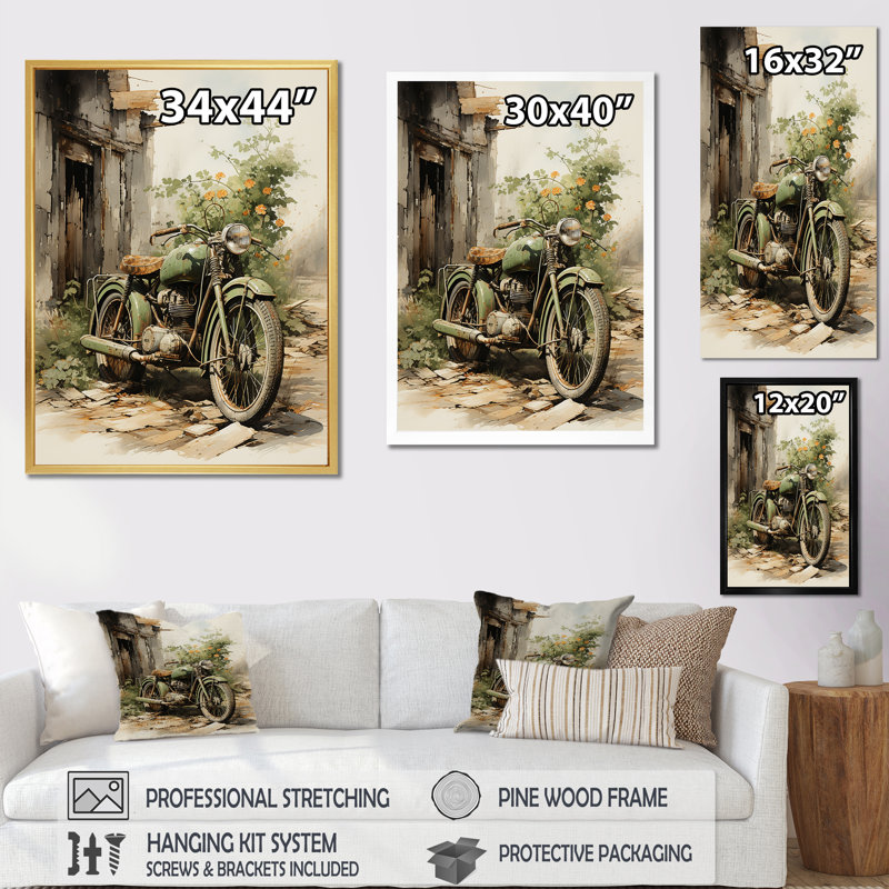 Olive, sortie, moto rétro, vélo, art mural, salon, H 44 po x l 34 po x P 1,5 po, Toile tendue