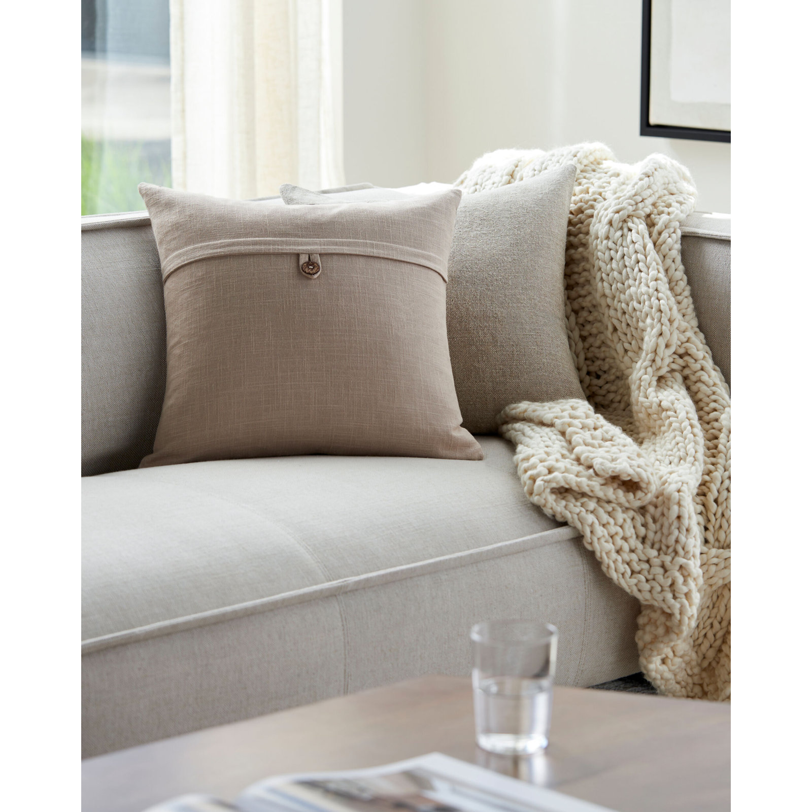 Leigh Buttons Cotton Throw Pillow, 18" x 18", Down, Off White