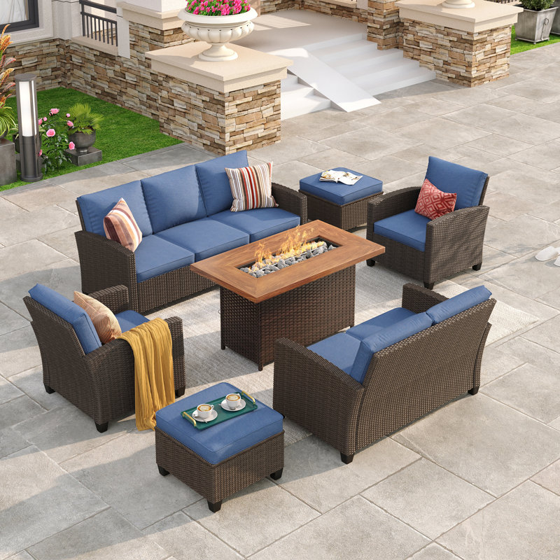 Rhylee Wicker 7 - Person Patio Conversation Set with Cushions, Slate Blue