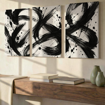 3 Pieces Exculisive Black and Gray Gestural Ink Abstract Wall Art Modern Panoramic Canvas Decor, Canvas Decor for Living Room, Bedroom and Office