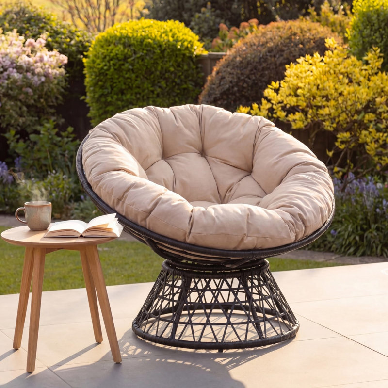 Upholstered Swivel Papasan Chair, Khaki Polyester, Grey