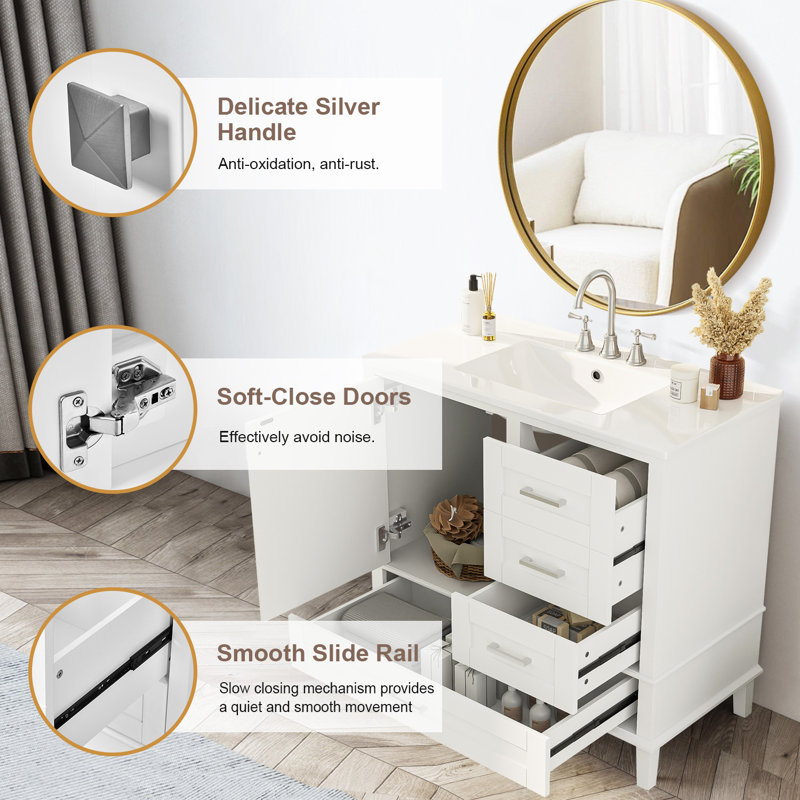 36" Bathroom Vanity With Solid Pine Frame And Ceramic Sink, Silver, White