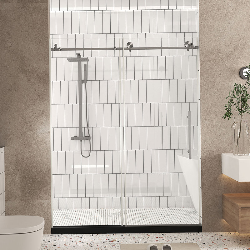 Frameless Shower Door 44-48 "W X 76" H, 1/4 "(6 Mm) Clear Tempered Glass, Explosion Proof Film, Stainless Steel Handle,Brushed Nickel