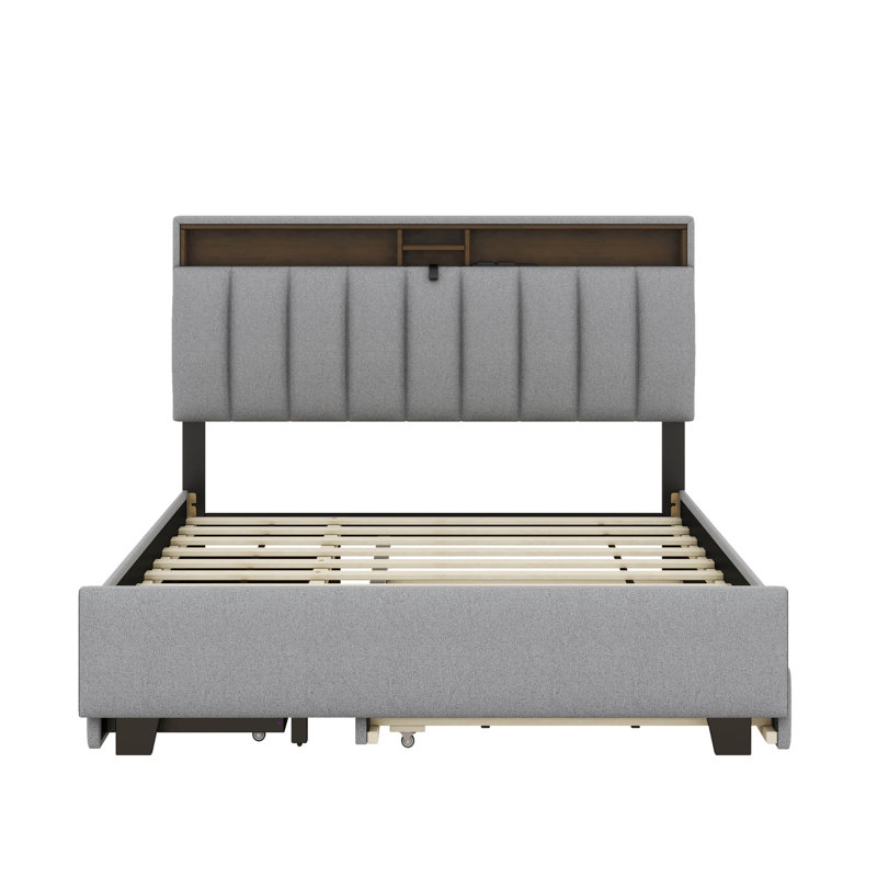Full Size Upholstered Platform Bed With Storage Headboard, Grey, Full