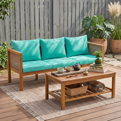 Ensemble de canapé d'extérieur en bois 3 places et table basse avec coussins