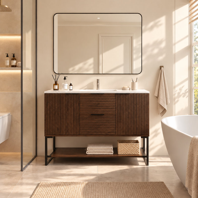47.24'' Single Bathroom Vanities with White Stone Top, Brown Solid Wood, Fully Assembled