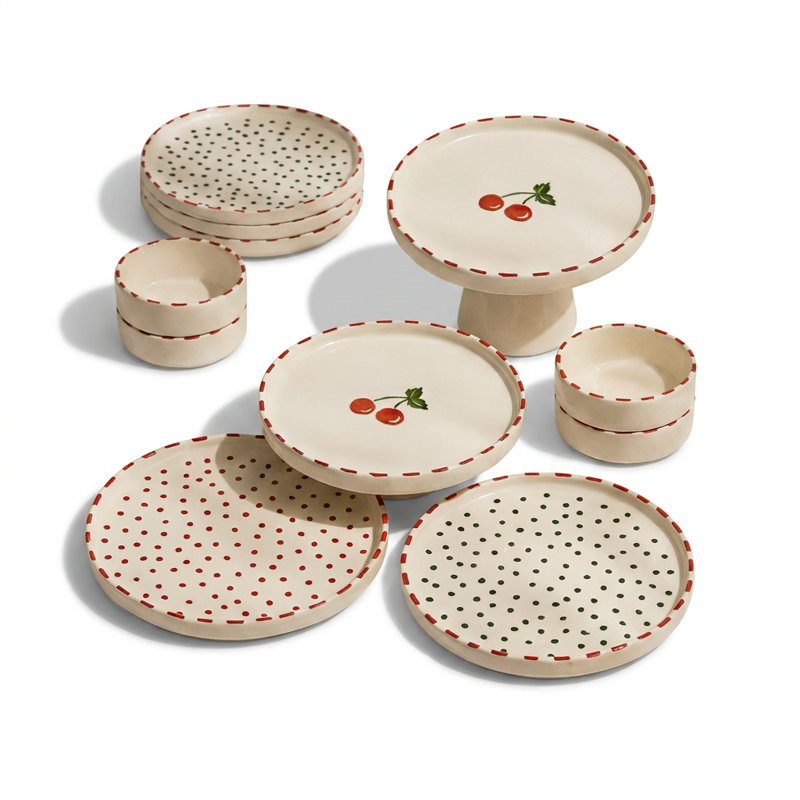 11 Piece Stitch Rim Cherry & Polka Dot Ceramic Dinnerware Set