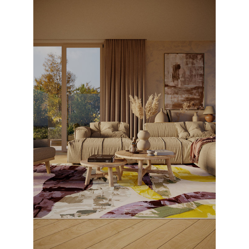 Tapis bleu / jaune en chenille / polyester tissé à la main Thorold, Rectangle 7 pi x 9 pi