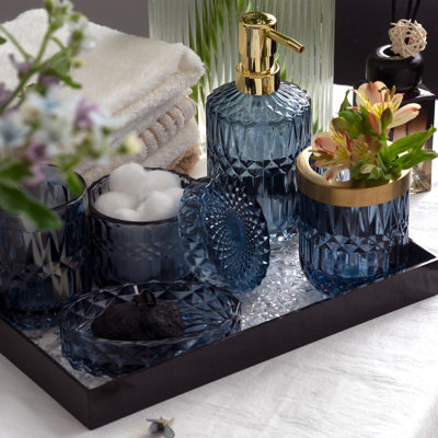 6PCS Bathroom Clear Glass Accessories Set (Lotion Soap Dispenser, Soap Dish, Toothbrush Holder, Tumbler, Cotton Swab Jar), Contemporary Modern Decor Crystal Vintage Gift (6Pcs Blue)