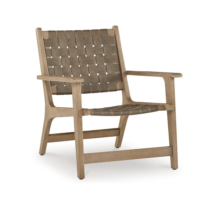 Fauteuil d'appoint tissé, bandes de similicuir taupe, motif natté, brun