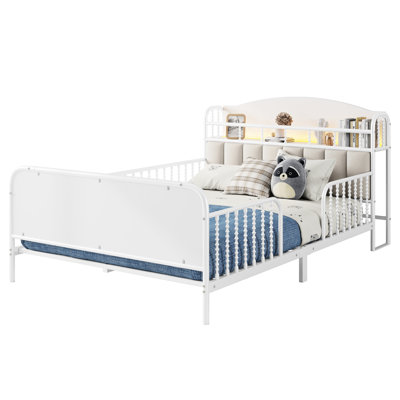 White Full Bed, Upholstered Headboard, Led Strip, Storage Function, All - Round Protection, Low Profile, 21 Slats Lighting, Shelf, Corners