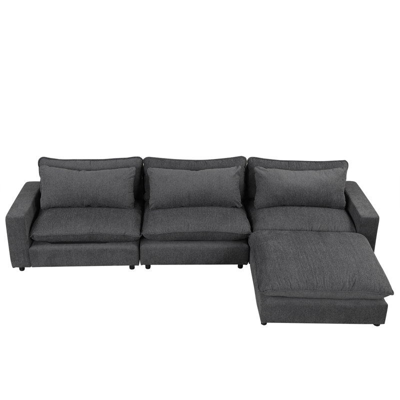 128" Sectional Sofa With Movable Ottoman, Charging Ports And Back Pillows, Grey Chenille