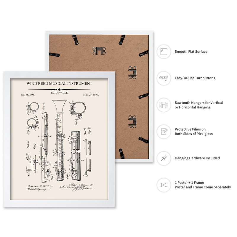 Plan de la Clarinette, Poster, 18"H x 24"W, White Framed