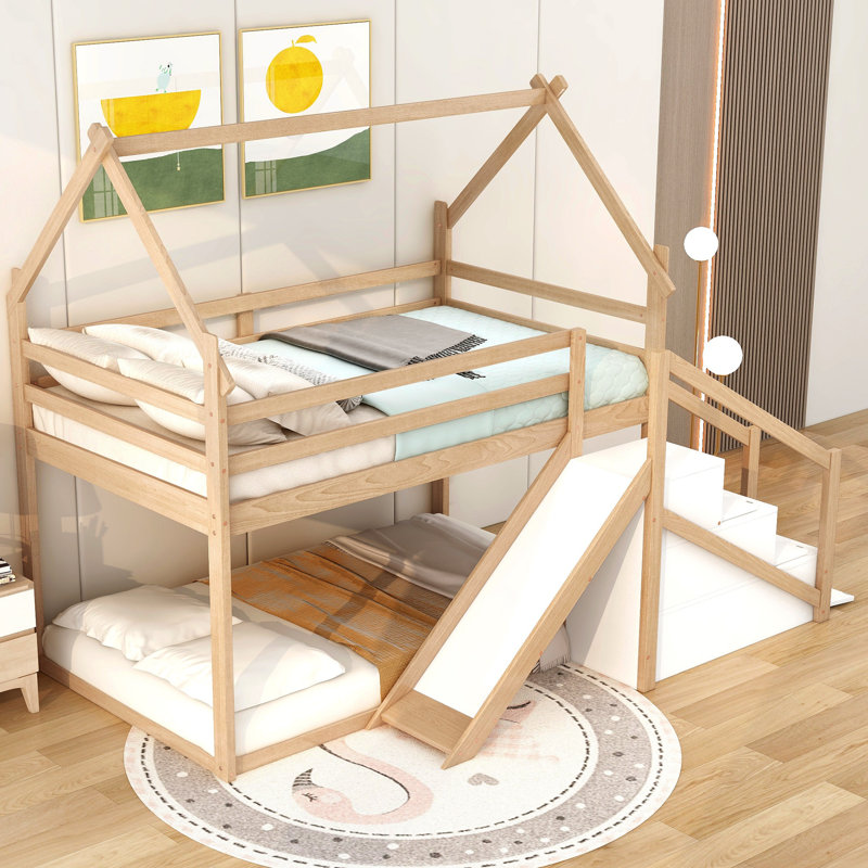 Twin Over Twin House Bunk Bed with Slide and Storage Staircase, Climbing Ramp, Guardrails, Yellow
