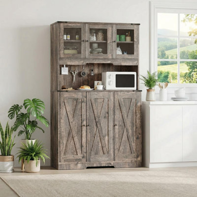 Armoire garde-manger 71 po de hauteur avec station de charge, armoire de rangement Farmhouse avec support pour four à micro-ondes, armoire à café avec comptoir ouvert pour le salon, la salle à manger, brun