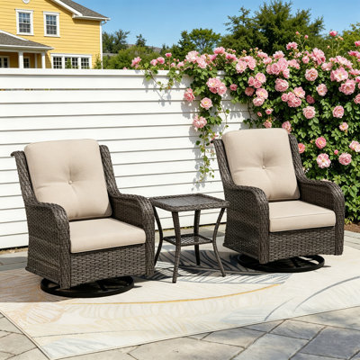 2-Person Outdoor Patio Conversation Rattan Seating Group With 1 Coffee Table,2 Swivel Chairs and Beige Cushions