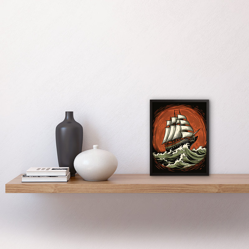 Downen Sailing Ship in Rough Sea Waves Retro Rockabilly Americana 1 Piece Single Picture Frame Wall Art