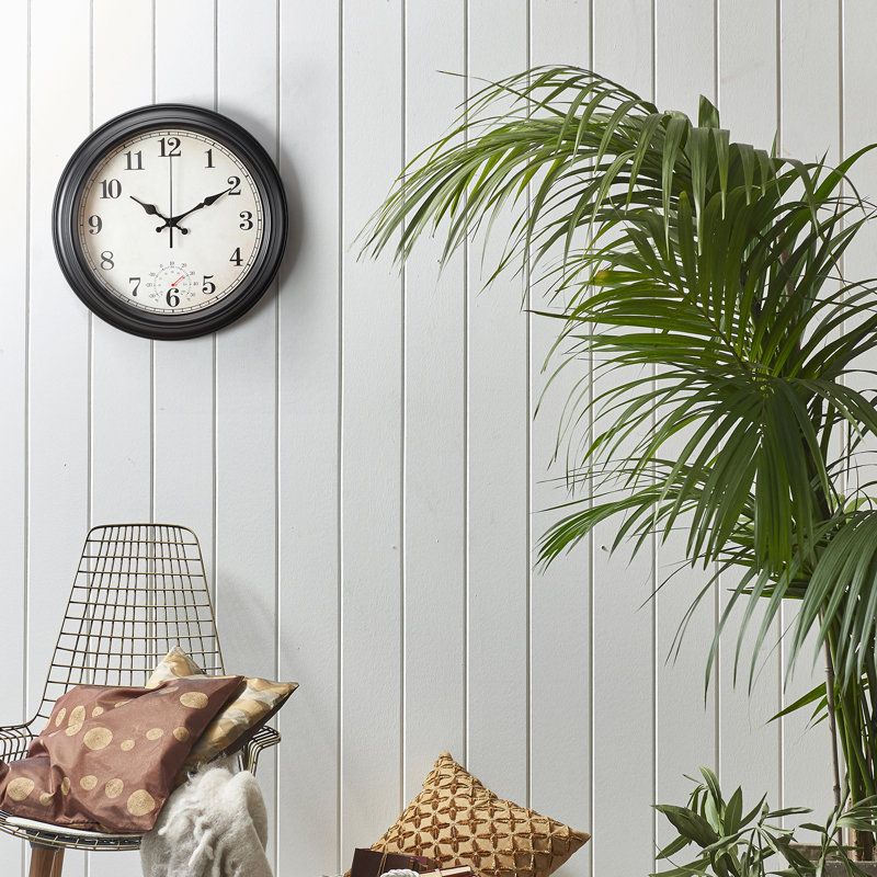 Horloge murale américaine en plastique avec thermomètre 16 pouces - noir