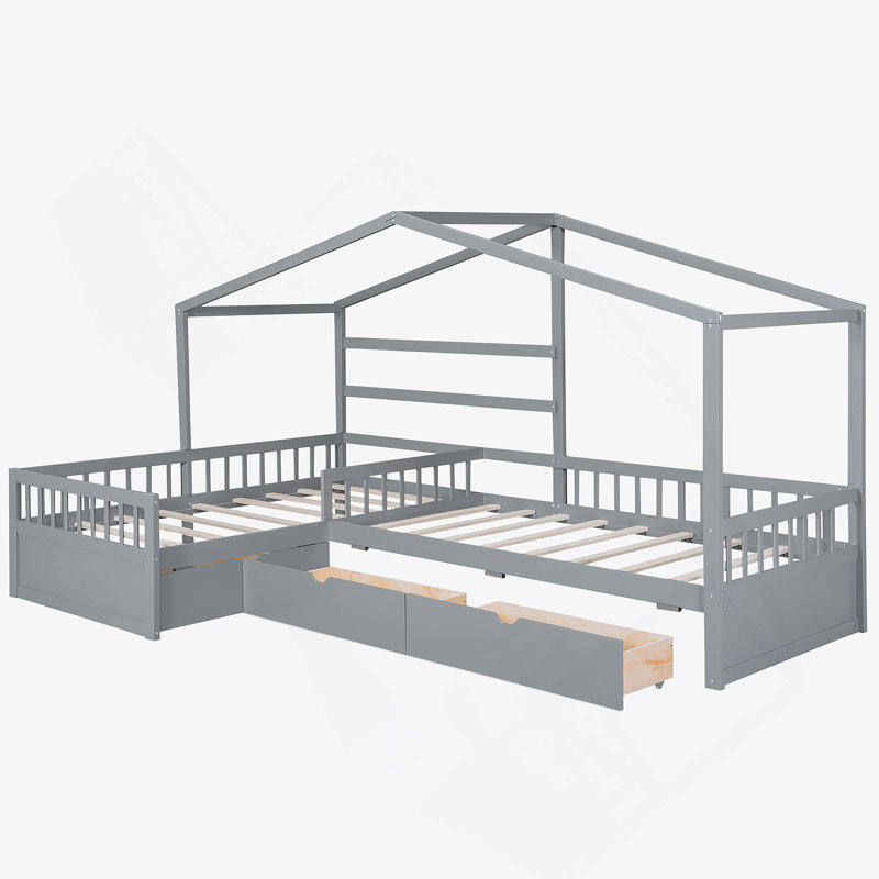 Twin Size House Platform Bed with 3 Storage Drawers – Solid Wood L-Shaped Space-Saving Twin Bed,Gray, Gray