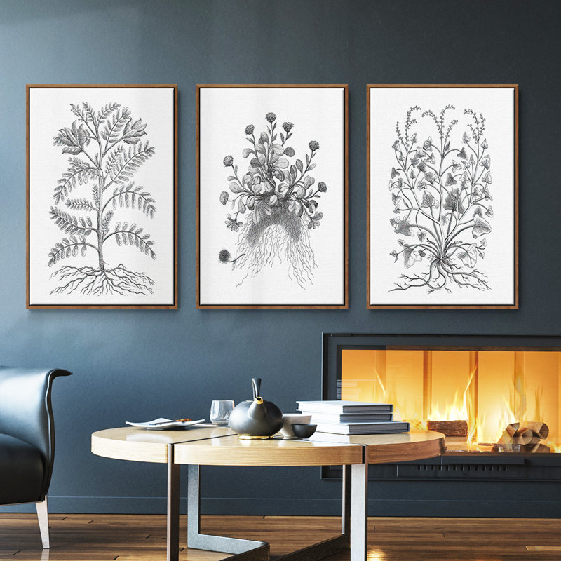 Ensemble de 3 pièces encadrées sur toile noir et blanc, H 27 po x l 54 po, Noyer