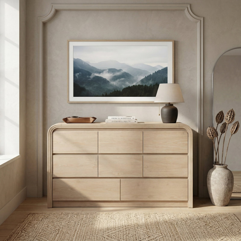 Curved Edge 47.24" Wide Natural MDF 8-Drawer Dresser with Storage, Natural