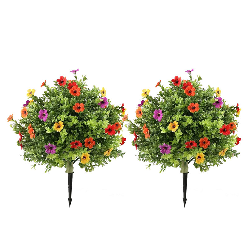 Ensemble de 2 topiaires de buis artificiels, faux arbustes d'extérieur réalistes avec pointes de sol, Multi-couleur