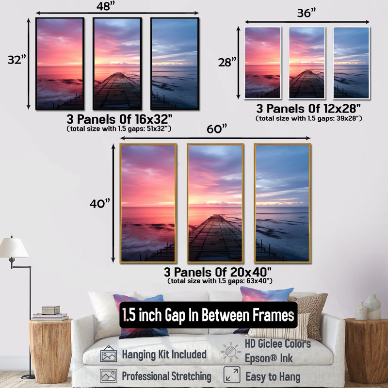 «Pink and Blue Pier» Horizon Sunset II, Cadre flottant noir, H 28 po x l 36 po x P 1 po