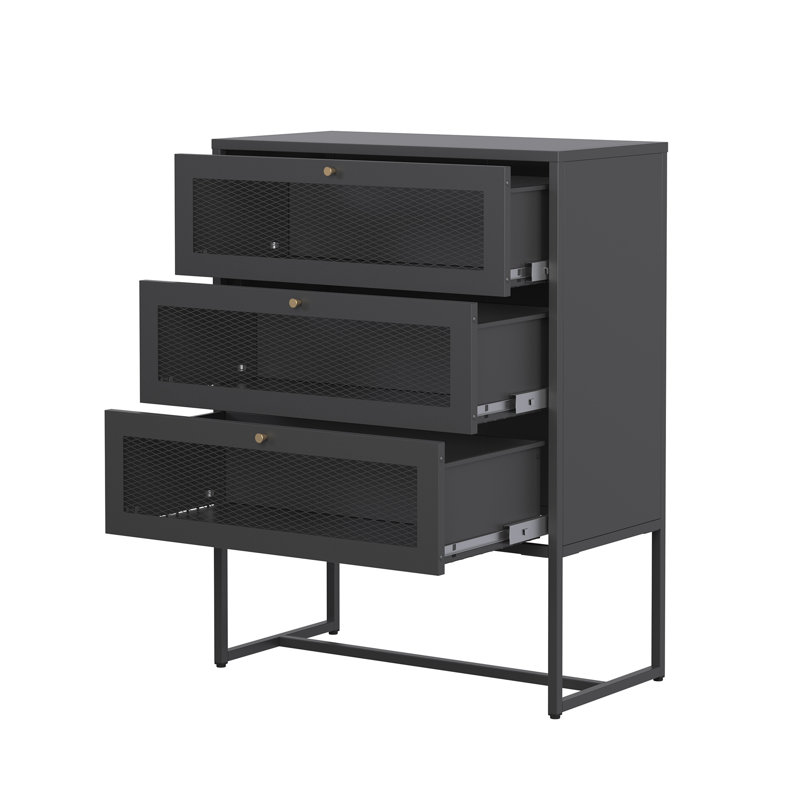Armoire en métal noire à trois tiroirs avec portes en filet Bentley 41,34 pouces