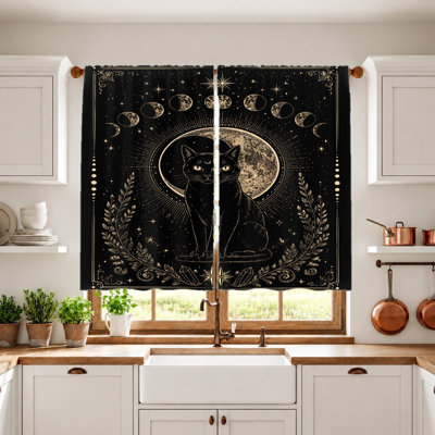 2Pcs Celestial Black Cat Moon Phase Curtains, Boho Witchy Tapestry, Light Filtering, Privacy Protection, Mysterious Vintage Art, Living Room, Bedroom Home Decor