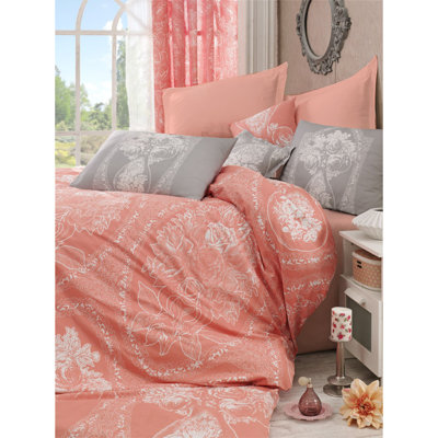 Ensemble de housse de courtepointe de qualité supérieure 100% coton Ranforce, 94,5 po x 86,6 po | Comprend 2 taies d'oreiller (23,6 po x 23,6 po) | 140 fils, lavable à la machine, design élégant orange, blanc et gris, fermeture à boutons