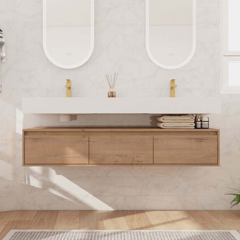 60" Double Sink Wall Mounted Bathroom Vanity Set, Floating Bathroom Vanity With Resin Basin Sink Top, 3 Drawers, Beige